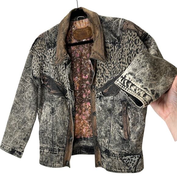 Winlit Vintage Tan Black Suede & Denim Acid Wash Animal Print Biker Jacket S - Picture 1 of 16